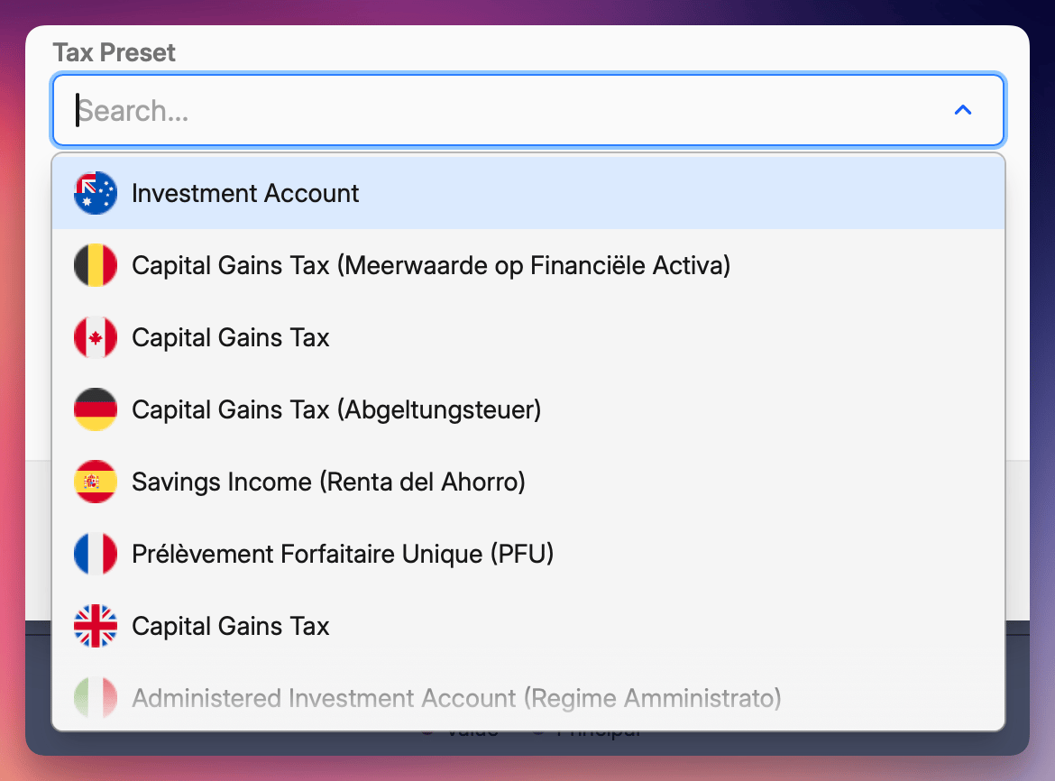 Tax preset selector showing available countries